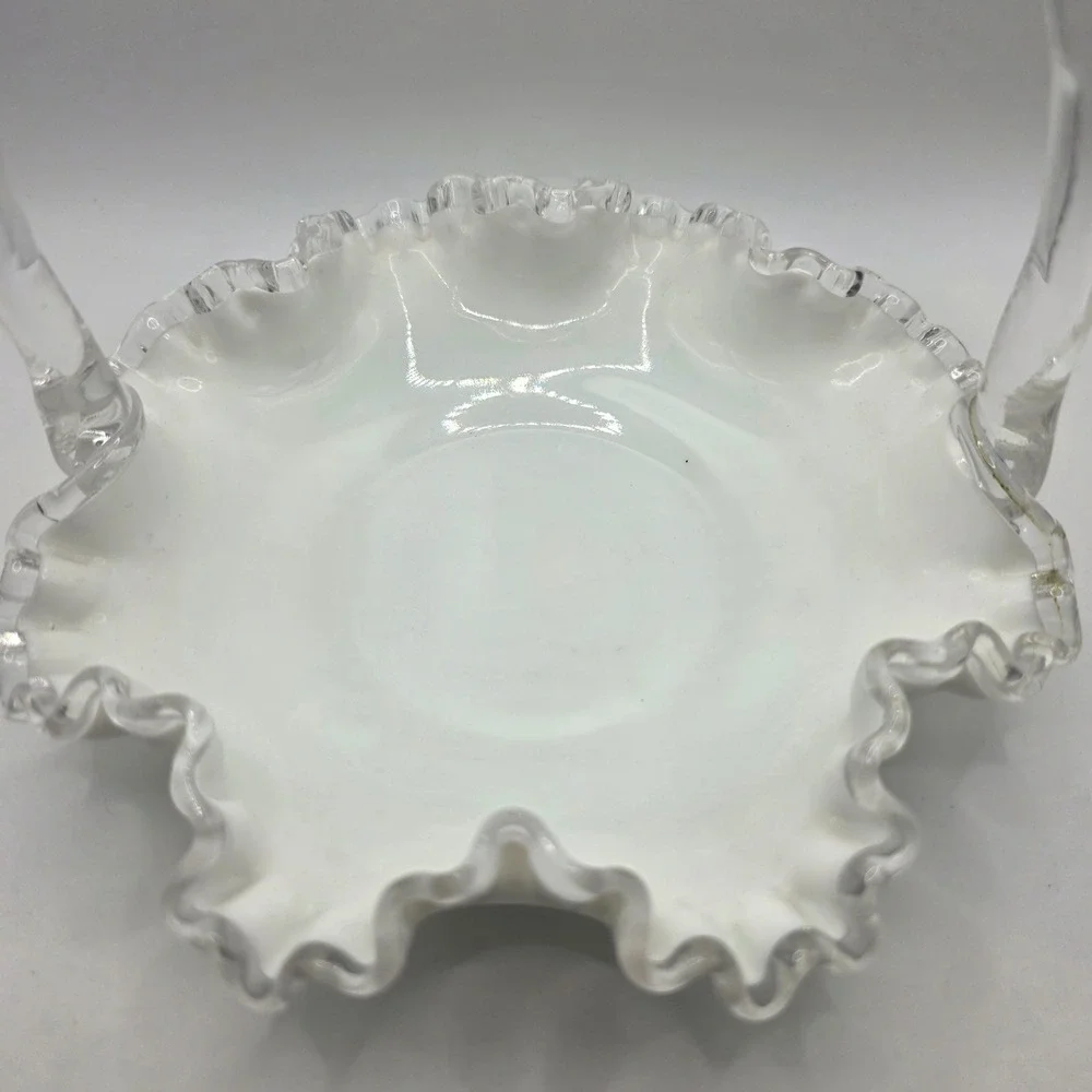 Fenton Milk Glass Silver Crest Ruffled Basket with Clear Handle Vintage 7 inch